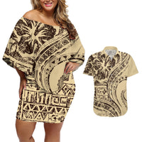Hawaiian Hibiscus Tribal Vintage Motif Couples Matching Off Shoulder Short Dress and Hawaiian Shirt Ver 3 LT9 Beige - Polynesian Pride