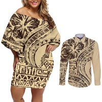 Hawaiian Hibiscus Tribal Vintage Motif Couples Matching Off Shoulder Short Dress and Long Sleeve Button Shirt Ver 3