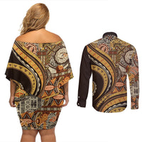 Hawaiian Hibiscus Tribal Vintage Motif Couples Matching Off Shoulder Short Dress and Long Sleeve Button Shirt Ver 4
