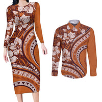 Hawaiian Hibiscus Tribal Vintage Motif Couples Matching Long Sleeve Bodycon Dress and Long Sleeve Button Shirt Ver 5 LT9 Gold - Polynesian Pride