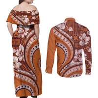 Hawaiian Hibiscus Tribal Vintage Motif Couples Matching Off Shoulder Maxi Dress and Long Sleeve Button Shirt Ver 5