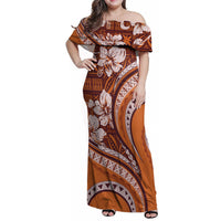 Hawaiian Hibiscus Tribal Vintage Motif Family Matching Off Shoulder Maxi Dress and Hawaiian Shirt Ver 5 LT9 Mom's Dress Gold - Polynesian Pride