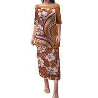 Hawaiian Hibiscus Tribal Vintage Motif Family Matching Puletasi and Hawaiian Shirt Ver 5 LT9 Mom's Dress Gold - Polynesian Pride
