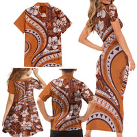 Hawaiian Hibiscus Tribal Vintage Motif Family Matching Short Sleeve Bodycon Dress and Hawaiian Shirt Ver 5 LT9 - Polynesian Pride
