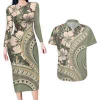 Hawaiian Hibiscus Tribal Vintage Motif Couples Matching Long Sleeve Bodycon Dress and Hawaiian Shirt Ver 6 LT9 Green Pastel - Polynesian Pride