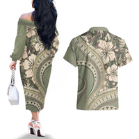 Hawaiian Hibiscus Tribal Vintage Motif Couples Matching Off The Shoulder Long Sleeve Dress and Hawaiian Shirt Ver 6 LT9 - Polynesian Pride