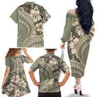 Hawaiian Hibiscus Tribal Vintage Motif Family Matching Off The Shoulder Long Sleeve Dress and Hawaiian Shirt Ver 6 LT9 - Polynesian Pride