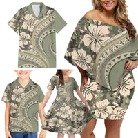 Hawaiian Hibiscus Tribal Vintage Motif Family Matching Off Shoulder Short Dress and Hawaiian Shirt Ver 6 LT9 - Polynesian Pride
