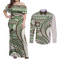 Hawaiian Hibiscus Tribal Vintage Motif Couples Matching Off Shoulder Maxi Dress and Long Sleeve Button Shirt Ver 7