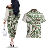 Hawaiian Hibiscus Tribal Vintage Motif Couples Matching Off The Shoulder Long Sleeve Dress and Hawaiian Shirt Ver 7 LT9 - Polynesian Pride