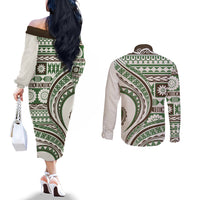 Hawaiian Hibiscus Tribal Vintage Motif Couples Matching Off The Shoulder Long Sleeve Dress and Long Sleeve Button Shirt Ver 7 LT9 - Polynesian Pride
