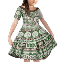 Hawaiian Hibiscus Tribal Vintage Motif Family Matching Mermaid Dress and Hawaiian Shirt Ver 7 LT9 Daughter's Dress Green - Polynesian Pride
