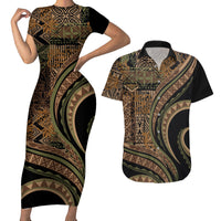 Hawaiian Hibiscus Tribal Vintage Motif Couples Matching Short Sleeve Bodycon Dress and Hawaiian Shirt Ver 8 LT9 Brown - Polynesian Pride
