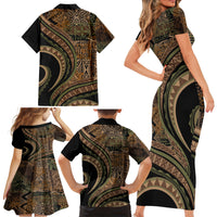 Hawaiian Hibiscus Tribal Vintage Motif Family Matching Short Sleeve Bodycon Dress and Hawaiian Shirt Ver 8 LT9 - Polynesian Pride