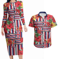 Hawaii Hibiscus Lei Couples Matching Long Sleeve Bodycon Dress and Hawaiian Shirt Hawaiian Flag Motif LT9 Red - Polynesian Pride