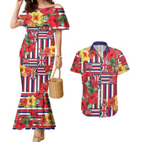 Hawaii Hibiscus Lei Couples Matching Mermaid Dress and Hawaiian Shirt Hawaiian Flag Motif LT9 Red - Polynesian Pride