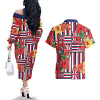 Hawaii Hibiscus Lei Couples Matching Off The Shoulder Long Sleeve Dress and Hawaiian Shirt Hawaiian Flag Motif LT9 - Polynesian Pride