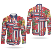 Hawaii Hibiscus Lei Couples Matching Off The Shoulder Long Sleeve Dress and Long Sleeve Button Shirt Hawaiian Flag Motif LT9 - Polynesian Pride
