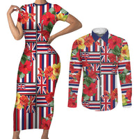 Hawaii Hibiscus Lei Couples Matching Short Sleeve Bodycon Dress and Long Sleeve Button Shirt Hawaiian Flag Motif LT9 Red - Polynesian Pride