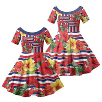 Hawaii Hibiscus Lei Family Matching Puletasi and Hawaiian Shirt Hawaiian Flag Motif LT9 Daughter's Dress Red - Polynesian Pride