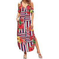Hawaii Hibiscus Lei Family Matching Summer Maxi Dress and Hawaiian Shirt Hawaiian Flag Motif LT9 Mom's Dress Red - Polynesian Pride