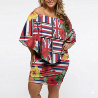 Hawaii Hibiscus Lei Off Shoulder Short Dress Hawaiian Flag Motif LT9 Women Red - Polynesian Pride