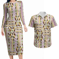 Hawaii Lokelani Pikake Lei Couples Matching Long Sleeve Bodycon Dress and Hawaiian Shirt Hawaiian Flag Motif LT9 White - Polynesian Pride