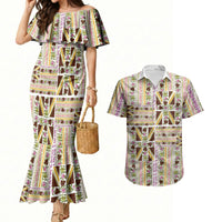 Hawaii Lokelani Pikake Lei Couples Matching Mermaid Dress and Hawaiian Shirt Hawaiian Flag Motif LT9 White - Polynesian Pride