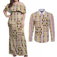 Hawaii Lokelani Pikake Lei Couples Matching Off Shoulder Maxi Dress and Long Sleeve Button Shirt Hawaiian Flag Motif