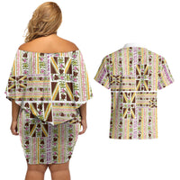 Hawaii Lokelani Pikake Lei Couples Matching Off Shoulder Short Dress and Hawaiian Shirt Hawaiian Flag Motif