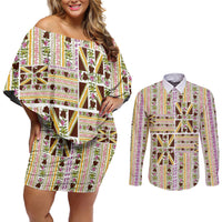 Hawaii Lokelani Pikake Lei Couples Matching Off Shoulder Short Dress and Long Sleeve Button Shirt Hawaiian Flag Motif