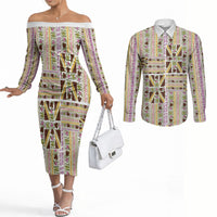 Hawaii Lokelani Pikake Lei Couples Matching Off The Shoulder Long Sleeve Dress and Long Sleeve Button Shirt Hawaiian Flag Motif LT9 White - Polynesian Pride