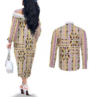 Hawaii Lokelani Pikake Lei Couples Matching Off The Shoulder Long Sleeve Dress and Long Sleeve Button Shirt Hawaiian Flag Motif