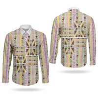 Hawaii Lokelani Pikake Lei Couples Matching Off The Shoulder Long Sleeve Dress and Long Sleeve Button Shirt Hawaiian Flag Motif LT9 - Polynesian Pride
