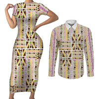 Hawaii Lokelani Pikake Lei Couples Matching Short Sleeve Bodycon Dress and Long Sleeve Button Shirt Hawaiian Flag Motif