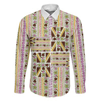 Hawaii Lokelani Pikake Lei Family Matching Summer Maxi Dress and Hawaiian Shirt Hawaiian Flag Motif LT9 Dad's Shirt - Long Sleeve White - Polynesian Pride