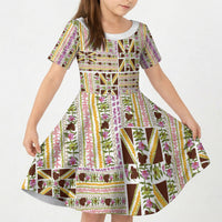 Hawaii Lokelani Pikake Lei Kid Short Sleeve Dress Hawaiian Flag Motif LT9 KID White - Polynesian Pride