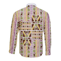 Hawaii Lokelani Pikake Lei Long Sleeve Button Shirt Hawaiian Flag Motif LT9 - Polynesian Pride