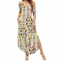 Hawaii Lokelani Pikake Lei Summer Maxi Dress Hawaiian Flag Motif LT9 Women White - Polynesian Pride