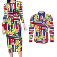 Hawaii Plumeria Lei Couples Matching Long Sleeve Bodycon Dress and Long Sleeve Button Shirt Hawaiian Flag Motif LT9 Red - Polynesian Pride