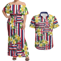 Hawaii Plumeria Lei Couples Matching Off Shoulder Maxi Dress and Hawaiian Shirt Hawaiian Flag Motif LT9 Red - Polynesian Pride