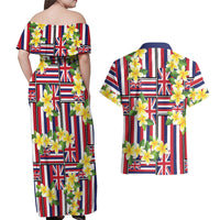 Hawaii Plumeria Lei Couples Matching Off Shoulder Maxi Dress and Hawaiian Shirt Hawaiian Flag Motif LT9 - Polynesian Pride