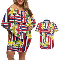 Hawaii Plumeria Lei Couples Matching Off Shoulder Short Dress and Hawaiian Shirt Hawaiian Flag Motif LT9 Red - Polynesian Pride
