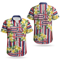 Hawaii Plumeria Lei Couples Matching Off Shoulder Short Dress and Hawaiian Shirt Hawaiian Flag Motif LT9 - Polynesian Pride