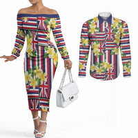 Hawaii Plumeria Lei Couples Matching Off The Shoulder Long Sleeve Dress and Long Sleeve Button Shirt Hawaiian Flag Motif LT9 Red - Polynesian Pride