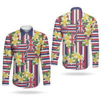 Hawaii Plumeria Lei Couples Matching Off The Shoulder Long Sleeve Dress and Long Sleeve Button Shirt Hawaiian Flag Motif LT9 - Polynesian Pride