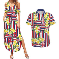 Hawaii Plumeria Lei Couples Matching Summer Maxi Dress and Hawaiian Shirt Hawaiian Flag Motif