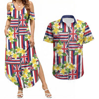 Hawaii Plumeria Lei Couples Matching Summer Maxi Dress and Hawaiian Shirt Hawaiian Flag Motif LT9 Red - Polynesian Pride