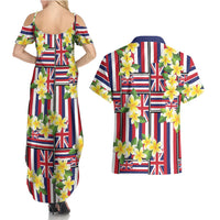Hawaii Plumeria Lei Couples Matching Summer Maxi Dress and Hawaiian Shirt Hawaiian Flag Motif LT9 - Polynesian Pride