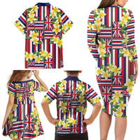 Hawaii Plumeria Lei Family Matching Long Sleeve Bodycon Dress and Hawaiian Shirt Hawaiian Flag Motif LT9 - Polynesian Pride